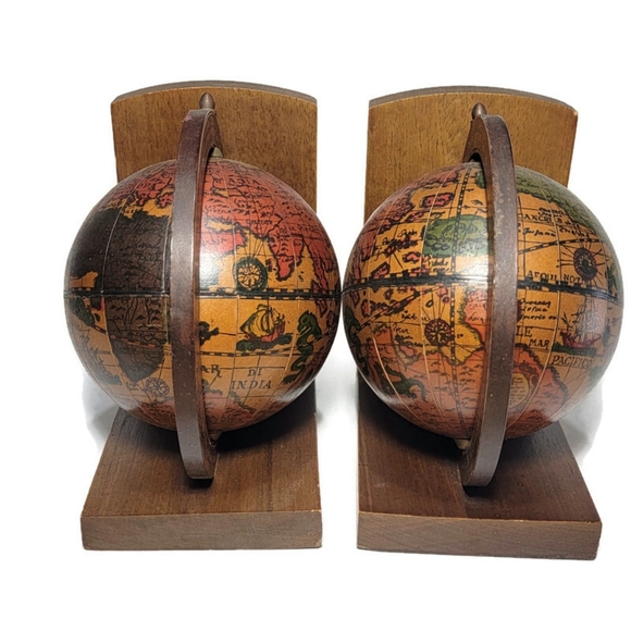 Other - Vintage Pair of Old World Wood Globe Bookends W/ Dragons & Poseidon